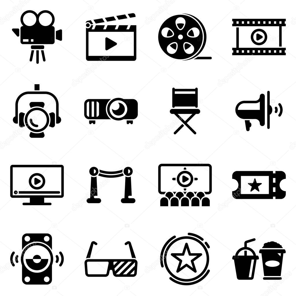 Set of simple icons on a theme Cinema, theater, entertainment, sound, monitor, fame alley, lighting, light, vector, design, flat, sign, symbol, object