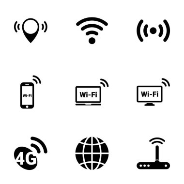 Wi-fi, vektör, tasarım, koleksiyon, düz, işaret, sembol, element, nesne, illüstrasyon temalı basit simgeler kümesi. Beyaz arkaplan
