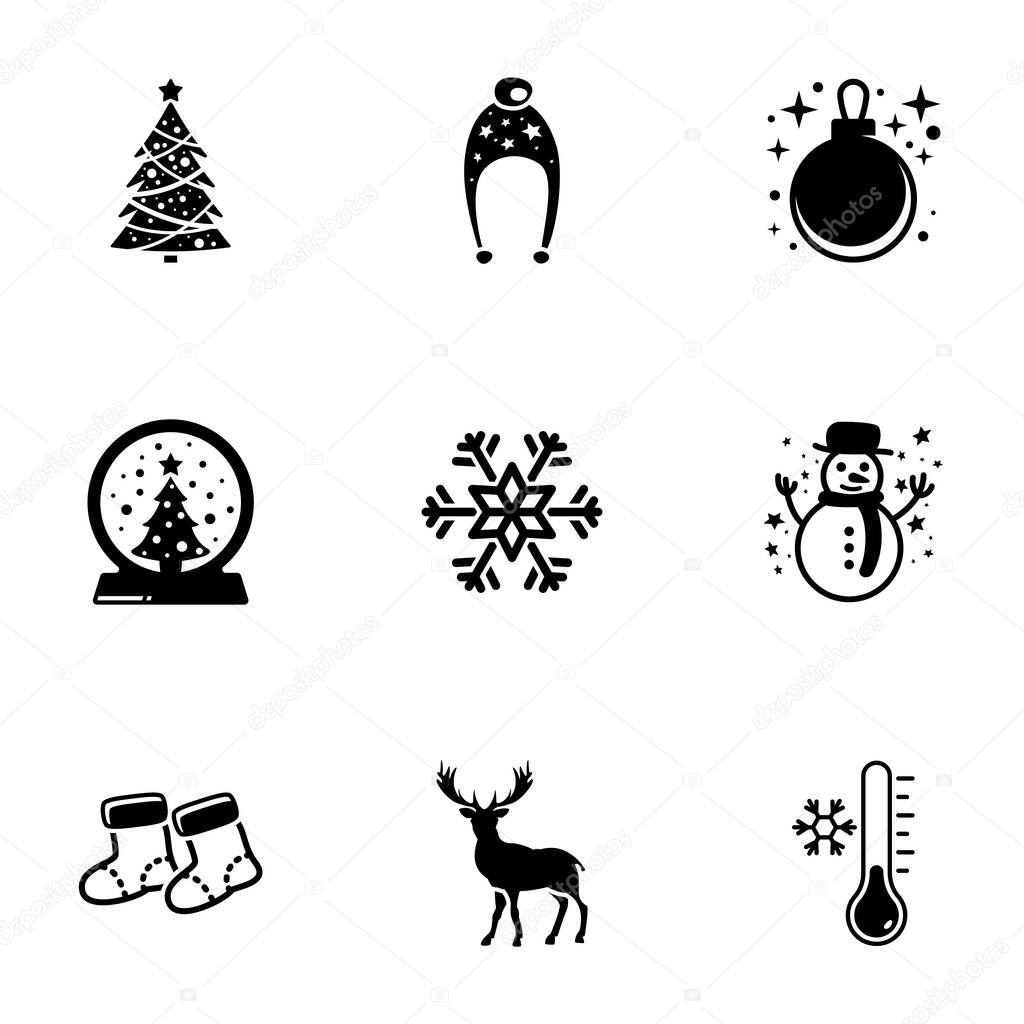 Set of simple icons on a theme Christmas, Happy New Year, Winter, vector, design, collection, flat, sign, symbol,element, object, illustration, isolated. White background