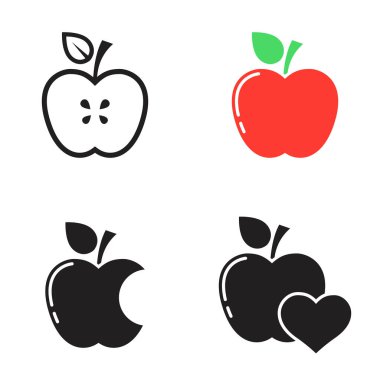 Beyaz arkaplanda izole edilmiş siyah vektör simgeleri. Temalı bir elmanın düz çizimi