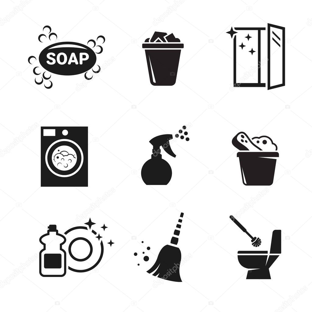 Set of black vector icons, isolated against white background. Flat illustration on a theme cleaning the house