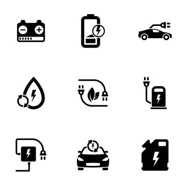 Tema elektrikli araba üzerinde beyaz arkaplanda izole edilmiş siyah simge kümesi
