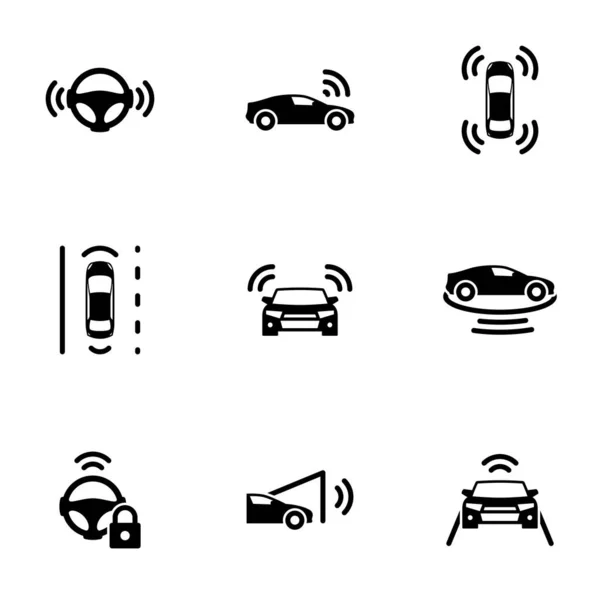 Set Schwarzer Symbole Auf Weißem Hintergrund Zum Thema Autonomes Fahren — Stockvektor
