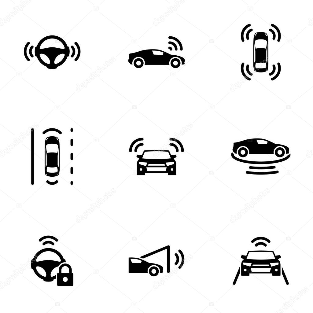 Set of black icons isolated on white background, on theme Autonomous driving