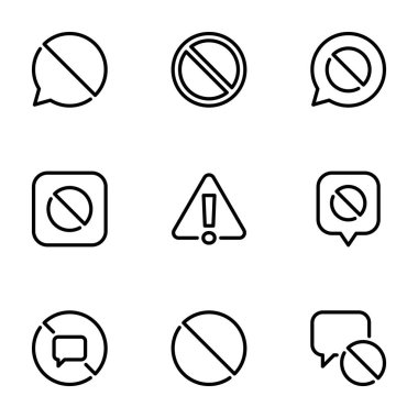 Beyaz arkaplanda izole edilmiş siyah simge kümesi, tema Yasak