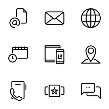 Tema üzerinde, beyaz arkaplanda izole edilmiş siyah simge kümesi bizimle temasa geçin