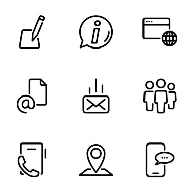 Beyaz arkaplanda izole edilmiş siyah vektör simgeleri seti, tema Bizimle İletişim