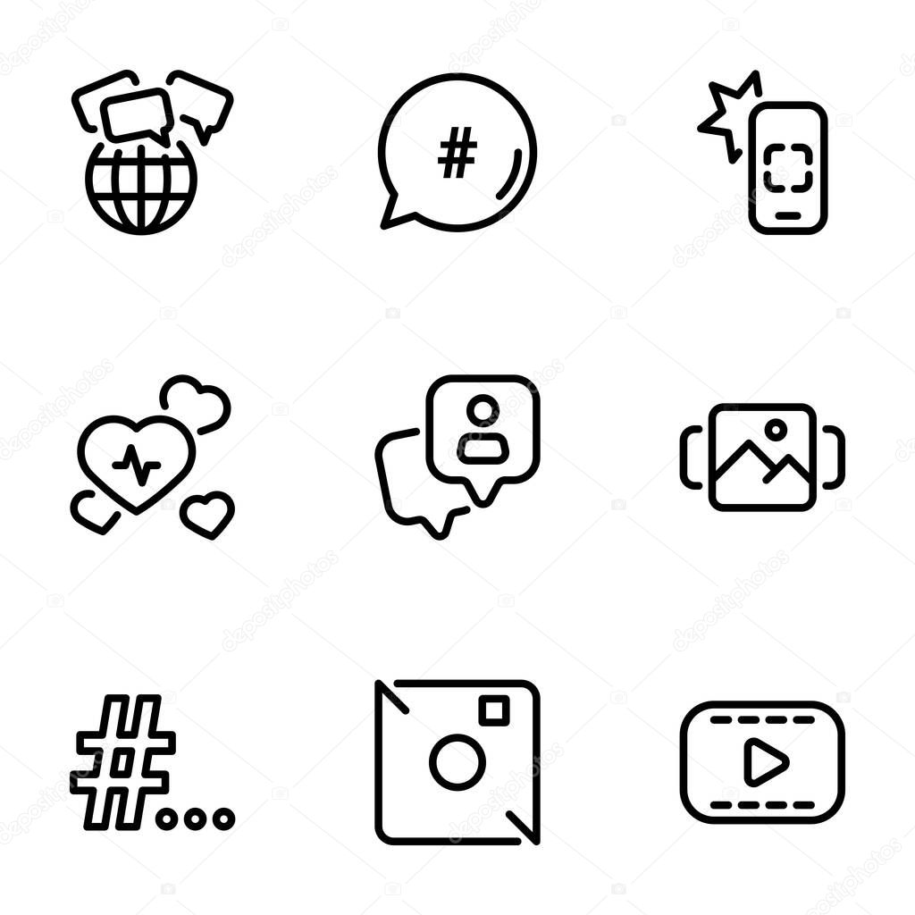 Set of black vector icons, isolated on white background, on theme Modern Internet communication between users