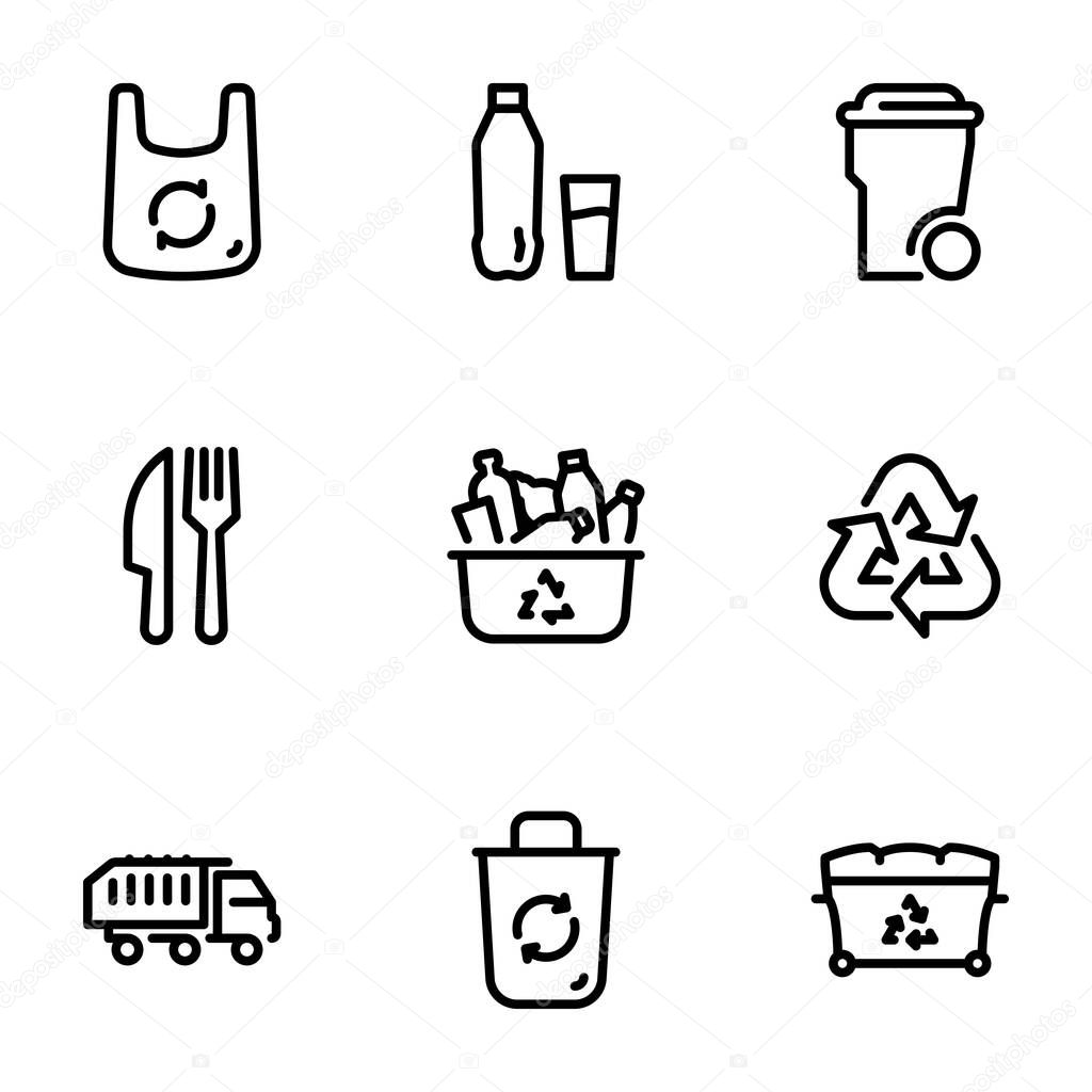 Set of black vector icons, isolated on white background, on theme Recycling and utilization of plastic waste
