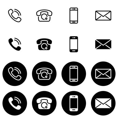 Set of black and white vector icons, different styles on a black and white background. Collection of basic phones and their functions clipart