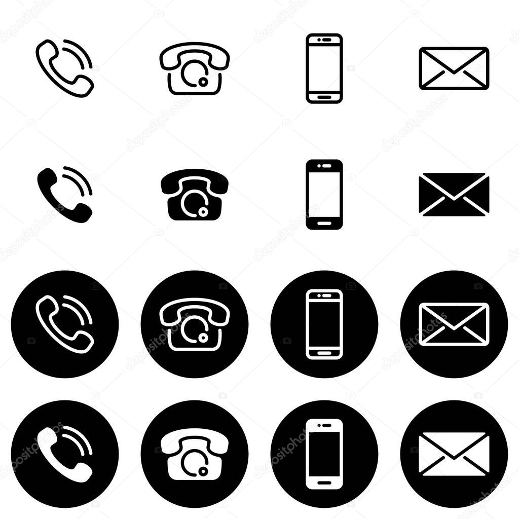 Set of black and white vector icons, different styles on a black and white background. Collection of basic phones and their functions