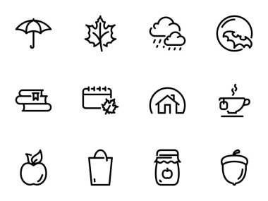 Beyaz arkaplanda izole edilmiş siyah vektör simgeleri. Bir Sonbahar teması üzerine çizim