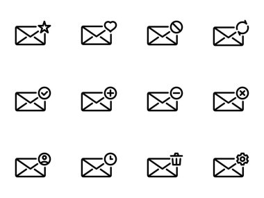 Beyaz arkaplanda izole edilmiş siyah vektör simgeleri. Tema e- postasındaki resimlerName