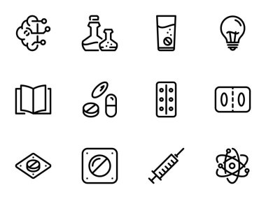 Beyaz arkaplanda izole edilmiş siyah vektör simgeleri. Bir tema üzerine illüstrasyon Tıbbi araştırma