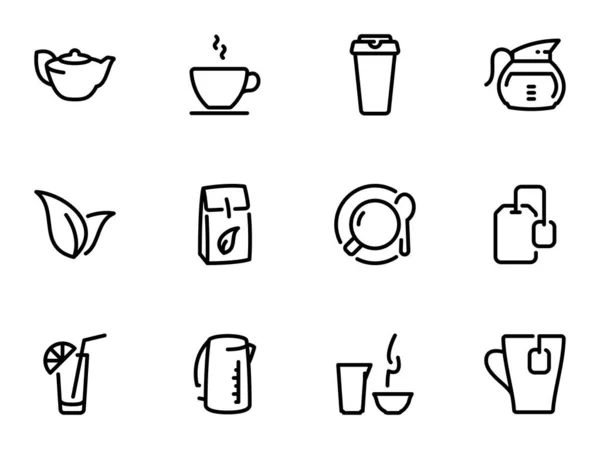 Set Black Vector Icons Isolated White Background Illustration Theme Tea — Stock Vector