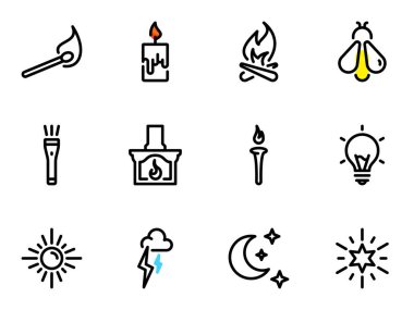 Beyaz arkaplanda izole edilmiş siyah vektör simgeleri. Yapay ve doğal ışık kaynakları temalı bir resim