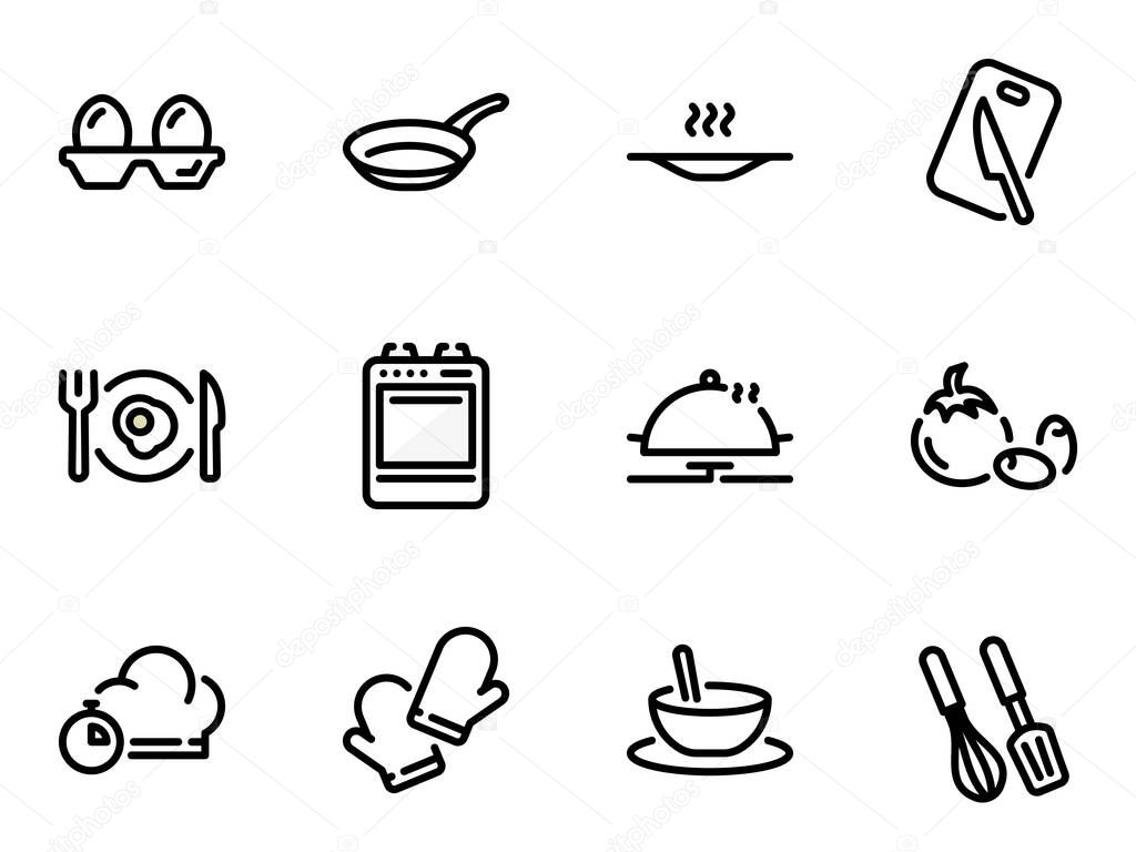 Set of black vector icons, isolated against white background. Illustration on a theme Ingredients and process for making scrambled eggs or breakfast