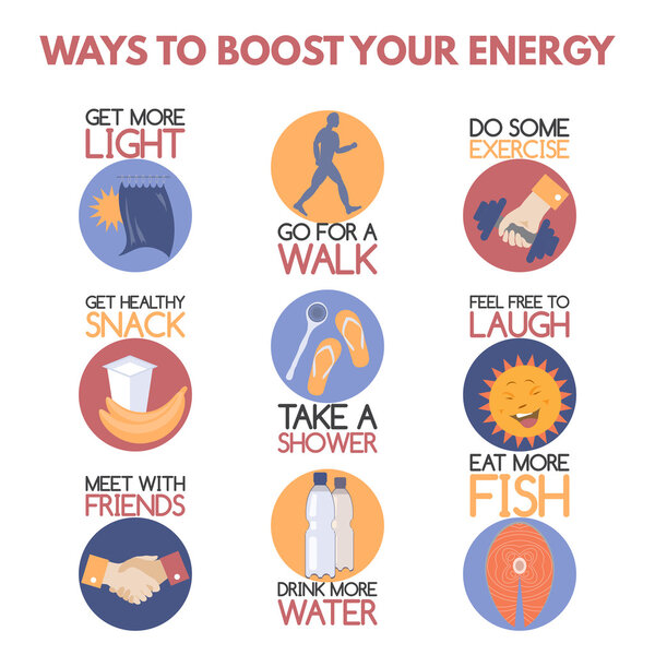 Modern flat style infographic on boosting your energy.