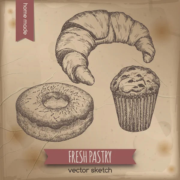 Vintage Muffin, Croissant, Donut auf altem Papierhintergrund. — Stockvektor