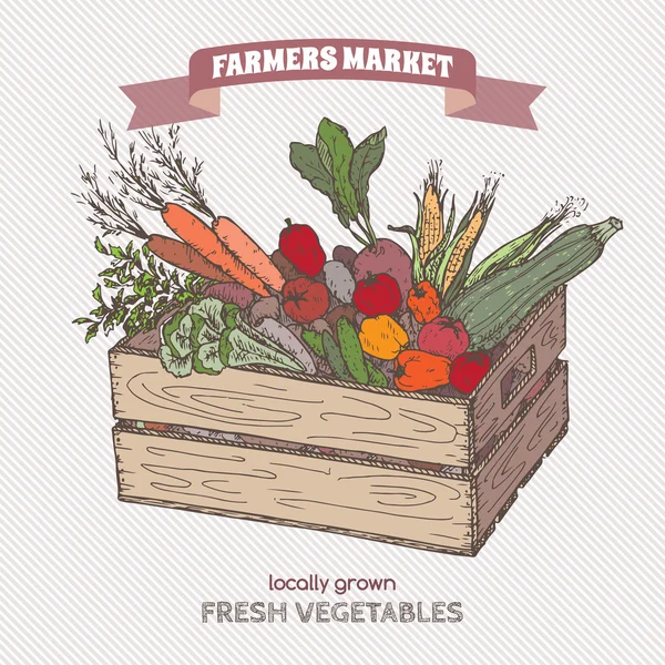 Color farmers market label with vegetables in wooden crate. — Stock Vector