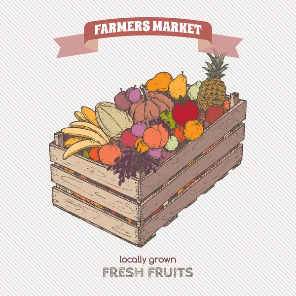 Color farmers market label with fruits in wooden crate. — Stock Vector