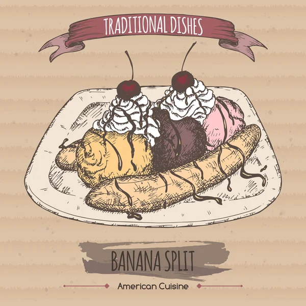 Color banana split postre boceto colocado sobre fondo de cartón . — Vector de stock