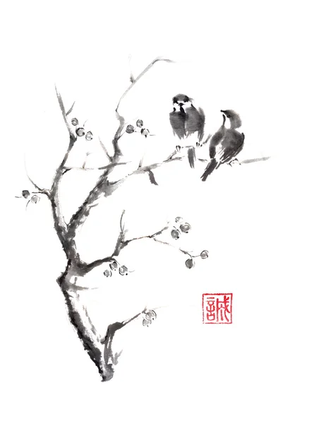 Aves de remolque en árbol original sumi-e pintura de tinta . — Foto de Stock