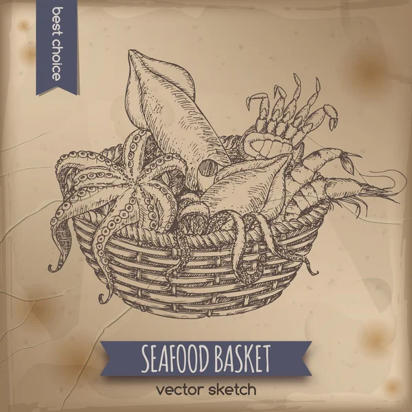Boceto de canasta de mariscos vintage con pulpo, cangrejo, camarones y calamares — Vector de stock