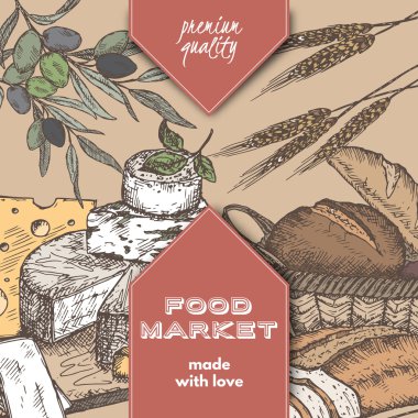 Ekmek, peynir, zeytin rengi gıda pazarı etiketle