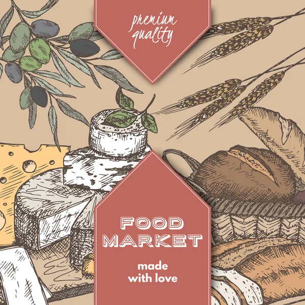 Ekmek, peynir, zeytin rengi gıda pazarı etiketle