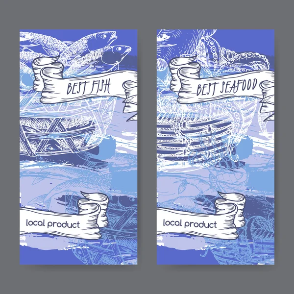 Balık, deniz ürünleri potalara boyalı mavi arka plan ile iki etiket.