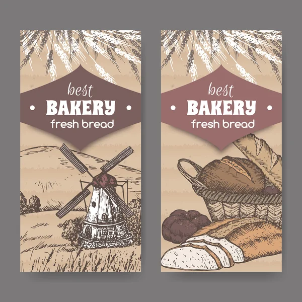 Två bageri färgetiketter med väderkvarn, vete, bröd på kartong. — Stock vektor