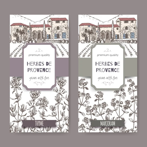 Δύο ετικέτες Herbes de Provence με αρχοντικό, θυμάρι και μαντζουράνα — Διανυσματικό Αρχείο