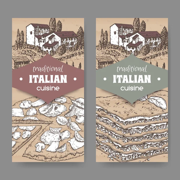 Две этикетки итальянской кухни с пиццей и лазаньей на картонке — стоковый вектор