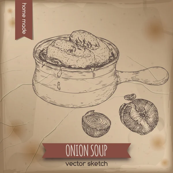 Εκλεκτής ποιότητας κρεμμύδι σούπα σκίτσο φορέα τοποθετείται σε παλιό χαρτί φόντο. — Διανυσματικό Αρχείο