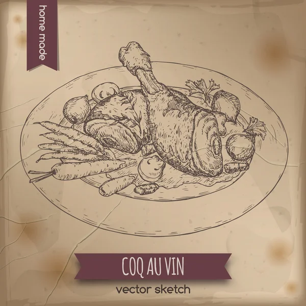 Урожай coq au вінілова курка у вині Векторний ескіз . — стоковий вектор