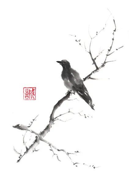 Lonely bird Japanese style original sumi-e ink painting. — Stock Photo, Image
