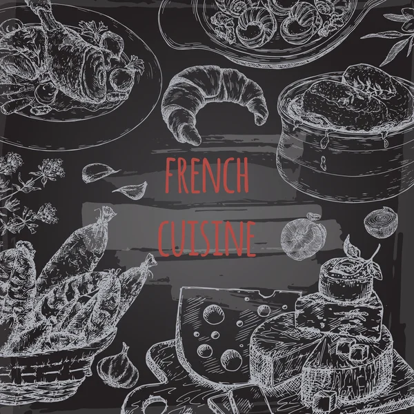 Modelo de cozinha francesa em quadro-negro com sopa, frango, queijo . —  Vetores de Stock