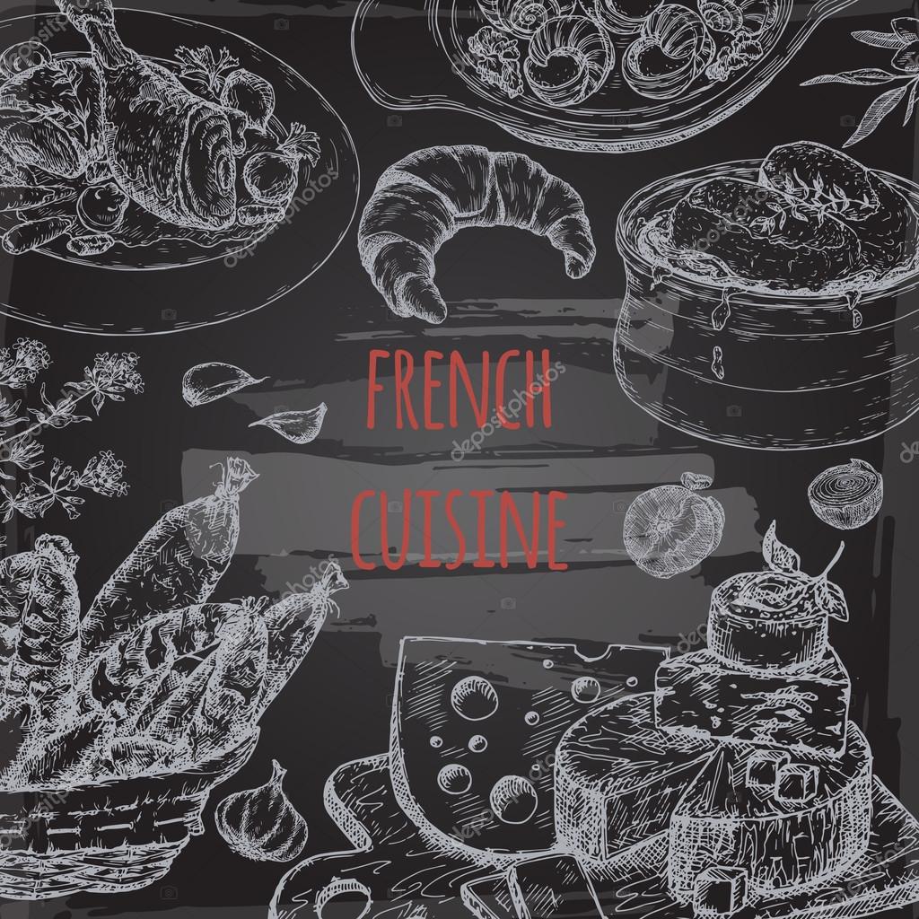 french cuisine template on blackboard with soup chicken cheese