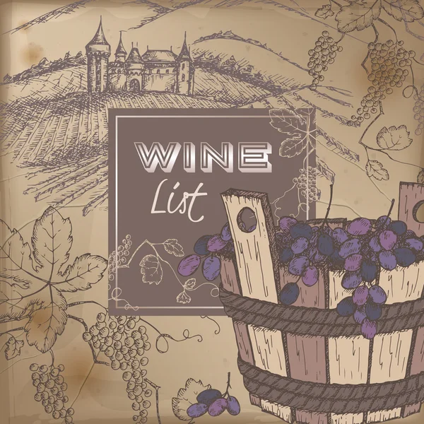 Modelo de lista de vinhos de cor com castelo, vinha e uvas —  Vetores de Stock
