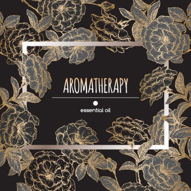 Şam rose kroki ile zarif siyah ve altın çerçeve şablon.