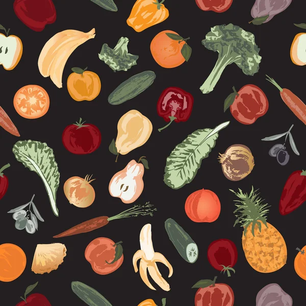 원활한 패턴 손으로 그린 과일 및 야채. — 스톡 벡터