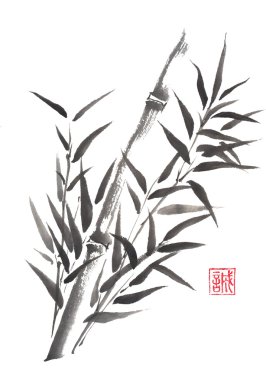 Sumi-e bambu ve ay mürekkep boyama Japon tarzı.
