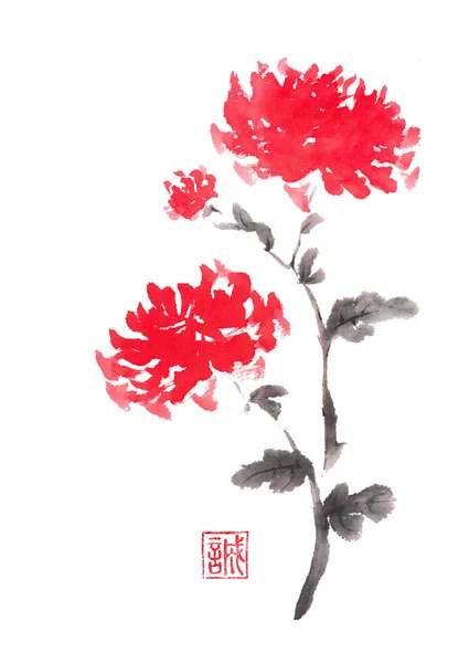 Due crisantemi rossi Pittura a inchiostro sumi-e originale in stile giapponese . — Foto Stock
