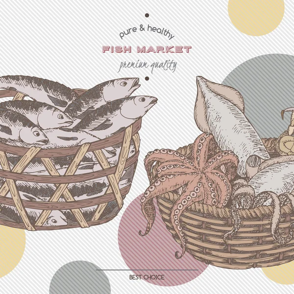 Plantilla de color con cestas de pescado y marisco . — Vector de stock