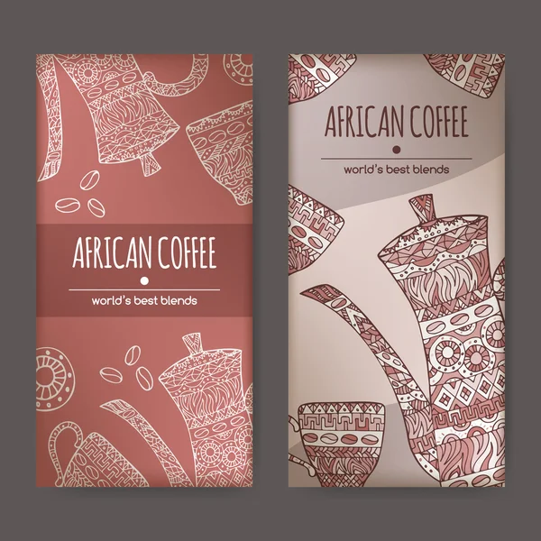 Dua label dengan kopi Afrika menampilkan pot dan cangkir - Stok Vektor