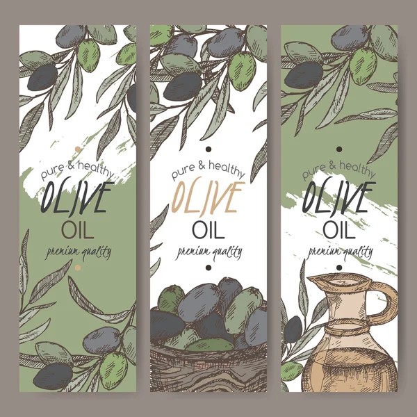 Set von drei Farbvektoren Olivenöl-Etikettenvorlagen. — Stockvektor