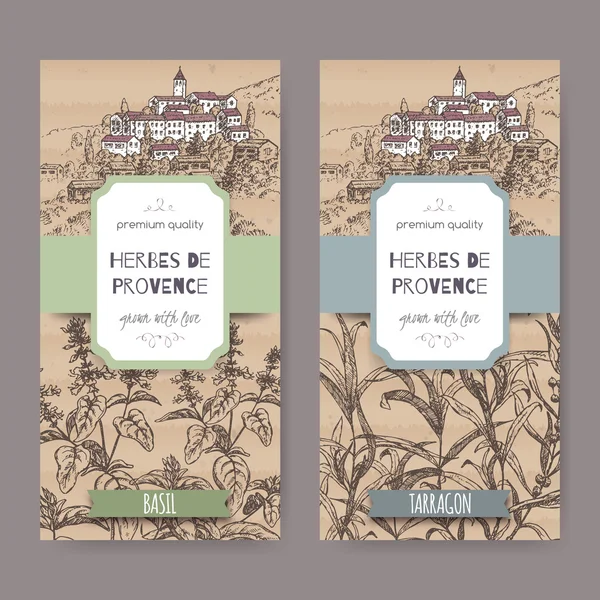 Dva popisky s městem Provence, bazalka a estragon na lepenkovém obalu . — Stockový vektor