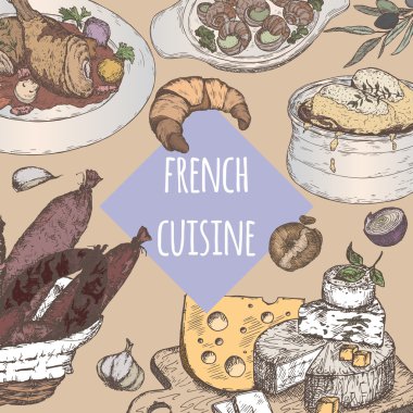 Renk Fransız mutfağı şablonu geleneksel yemekleri kroki ile.