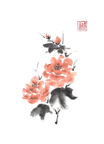 Japanese style sumi-e pink peony ink painting. — Stock Photo, Image